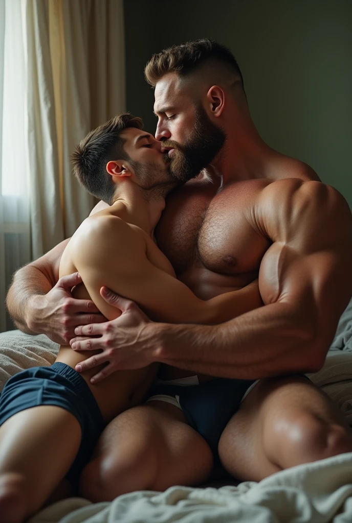 Photo realistic image of handsome 4 white bodybuilder teacher, very tall and beardless, very big and muscular in tight underwear and big penis on his big hairy muscular legs lying on the bed hugging from behind in love with a student teenager male very young short uniformed thin kissing with tongue