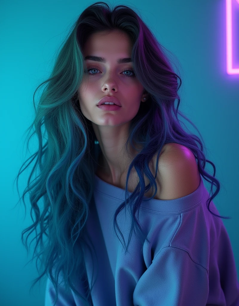 masterpiece, adult, Blue and purple hair, blue themed room, woman with green to blue ombre hair, lipstick, hits, Curly hair, shadow, Smoky Eyes, smoky eyes, Sweatshirt, off the shoulder, very long hair