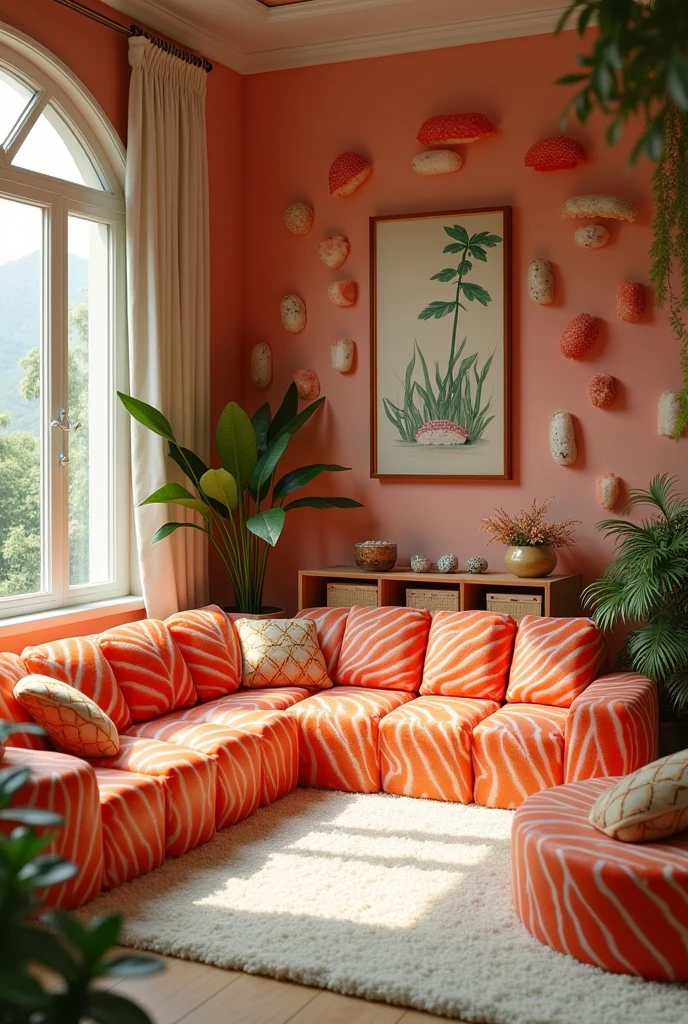 ((masterpiece, 8k, best quality, 8k, super realistic, high resolution:1.3)), livingroom, all made of sushi rolled with something, sofa is a raw fillet of fish, edible sofa, soft floor, floor made of cooked rice, wall made of sashimi, sushi world, everything is edible. without wood, no brick. Unconventional house.