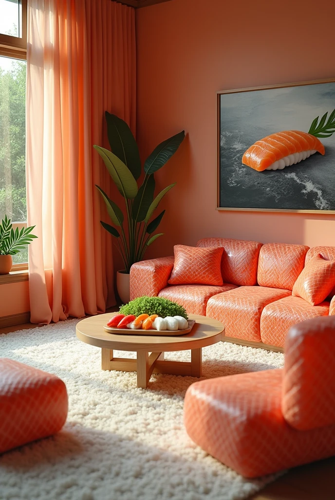 ((masterpiece, 8k, best quality, 8k, super realistic, high resolution:1.3)), livingroom, all made of sushi rolled with something, sofa is a raw fillet of fish, edible sofa, soft floor, floor made of cooked rice, wall made of sashimi, sushi world, everything is edible. without wood, no brick. Unconventional house.