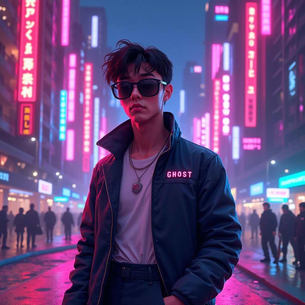 Create a Nu-Disco album cover, artist: Ghost Groove. Use vibrant neon colors and hyper-realistic details in a futuristic city nightscape. The centerpiece should be a modern and stylish animated portrait, eye-catching, with vibrant poses and expressions that give it a lively and confident feel. The background should be filled with neon lights and futuristic architecture, emphasizing the city night and futuristic outlook. The overall color scheme should be bold and eye-catching, such as pinks, blues, and violets to complete the music-themed design. " No text.