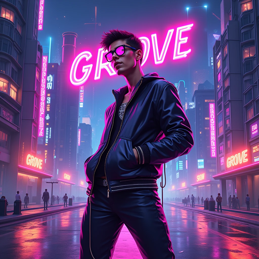 Create a Nu-Disco album cover, artist: Ghost Groove. Use vibrant neon colors and hyper-realistic details in a futuristic city nightscape. The centerpiece should be a modern and stylish animated portrait, eye-catching, with vibrant poses and expressions that give it a lively and confident feel. The background should be filled with neon lights and futuristic architecture, emphasizing the city night and futuristic outlook. The overall color scheme should be bold and eye-catching, such as pinks, blues, and violets to complete the music-themed design. " No text.
