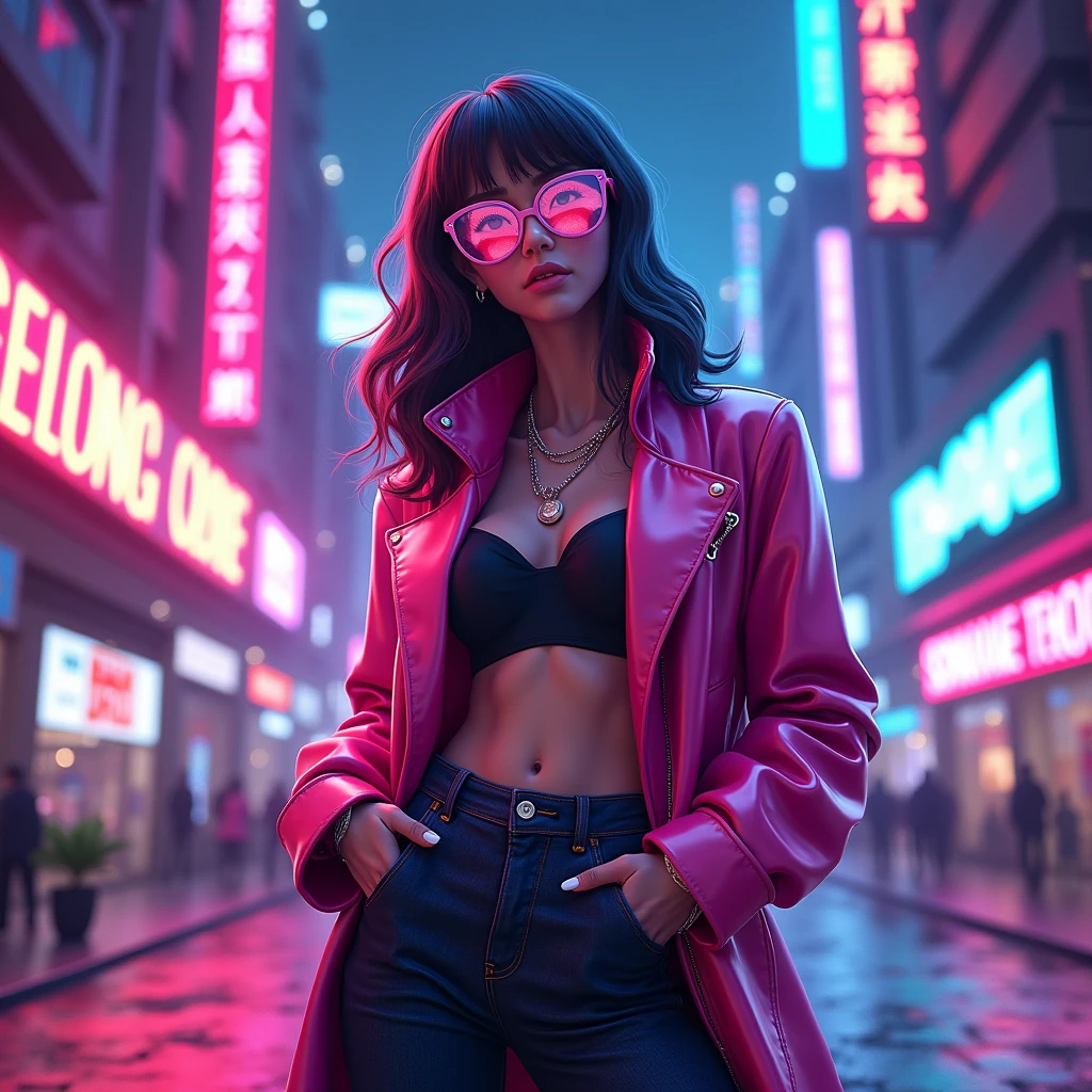 Create a Nu-Disco album cover, artist: Ghost Groove. Use vibrant neon colors and hyper-realistic details in a futuristic city nightscape. The centerpiece should be a modern and stylish animated portrait, eye-catching, with vibrant poses and expressions that give it a lively and confident feel. The background should be filled with neon lights and futuristic architecture, emphasizing the city night and futuristic outlook. The overall color scheme should be bold and eye-catching, such as pinks, blues, and violets to complete the music-themed design. " No text.