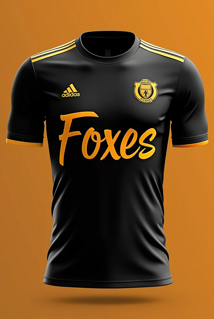 The design of the football shirt in yellow with the word "foxes" It could be something like this:

*Front part:*

- Vibrant black color - Word "foxes" in yellow letters, in a modern and elegant font - Team Logo (Optional)

*back:*

- Player number in black, in a clear and legible font - Player&#39;s last name (Optional)

*Sleeves and neck:*

- Short sleeves, without any inscription
- Cuello redondo, without any inscription



