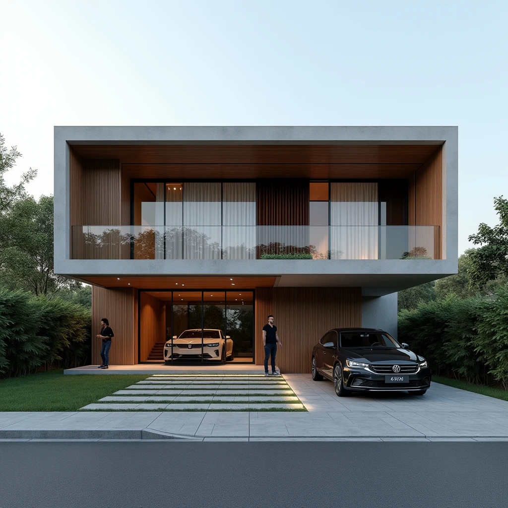 Exterior design , contemporary linear residence , Wood , glass and concrete , automobile, dark gray and lead color , in a gated community , drapery, sculptural staircase , Northeast of Brazil , ultra realisitic , ultra-realistic render , 4 K ,