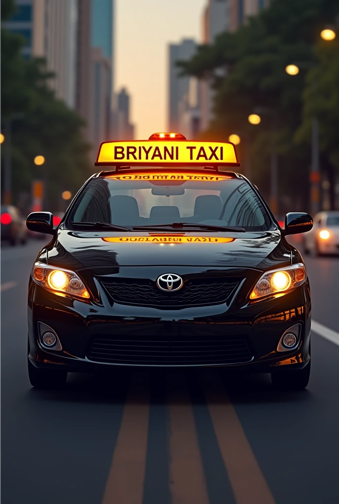 Create Briyani Taxi logo, which is toyota corolla black car 2005 model and in roof there should be Briyani Taxi name light blinking box. Add some slogan.