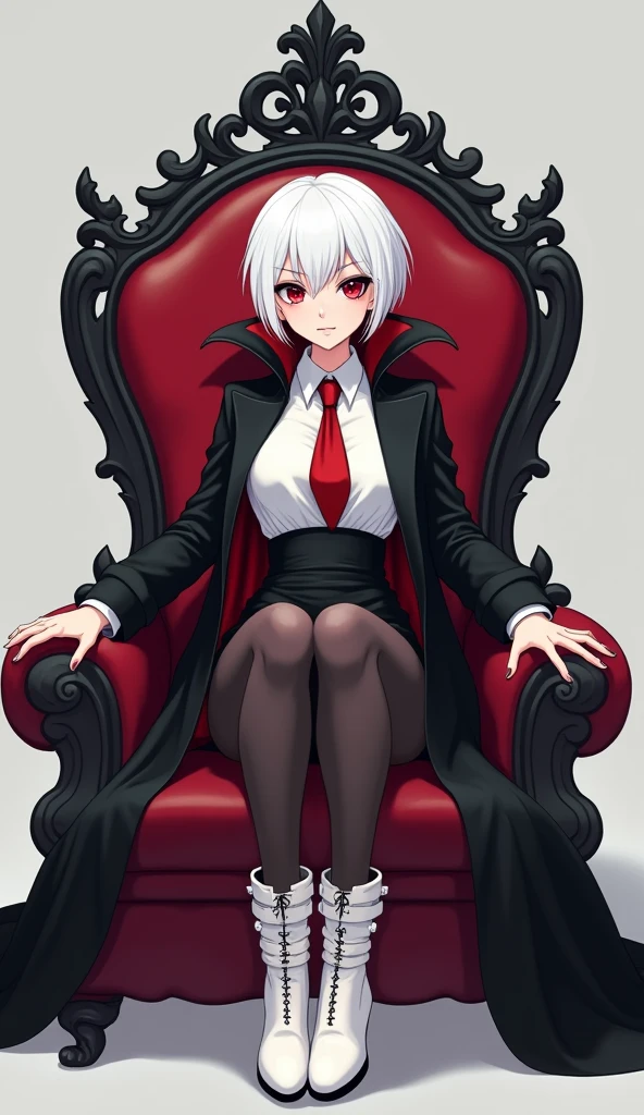 The young woman red eyes short white hair wear a vampire black coat inside vampire black coat has a carmine color, white shirt, red necktie, black pencil skirt, black underpants, long black tights, black socks, white leather boots, sitting with legs open on the vampire throne, light grey background, cartoon novel, 4K, HD