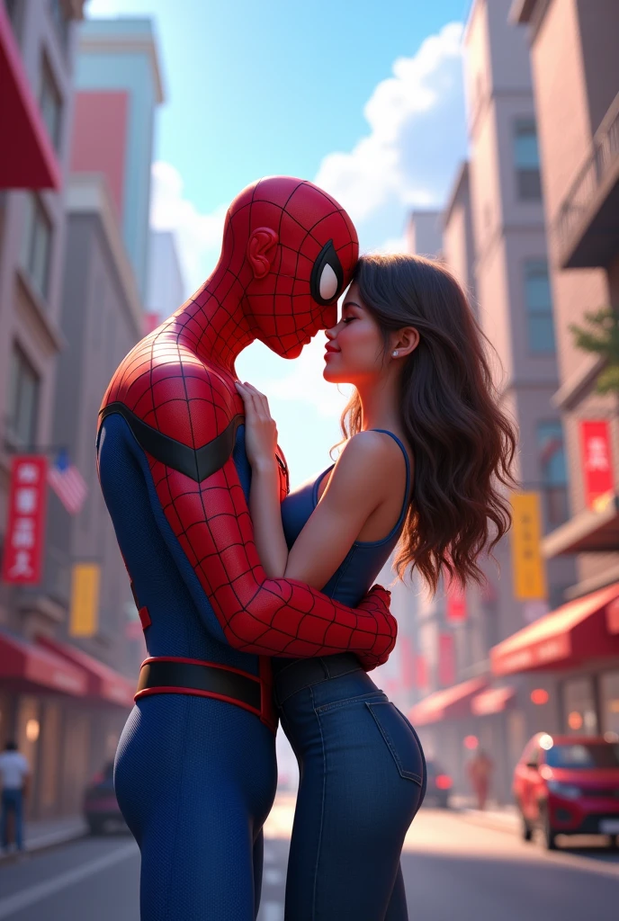 Spiderman wanted kissing collage girl city place 3d illustration
