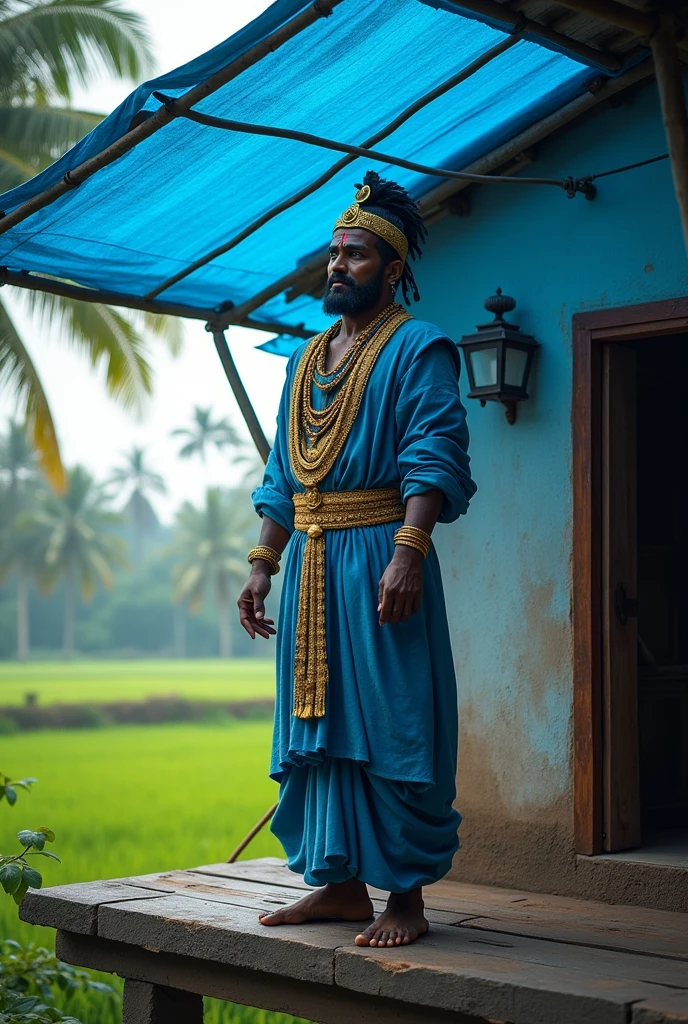 Mahabali, the mystical king of Kerala standing under a blue colored Aluminium roofing sheet at a terrace of a two storeyed house built using fiber cement boards in the backdrop of a paddy field in Kerala