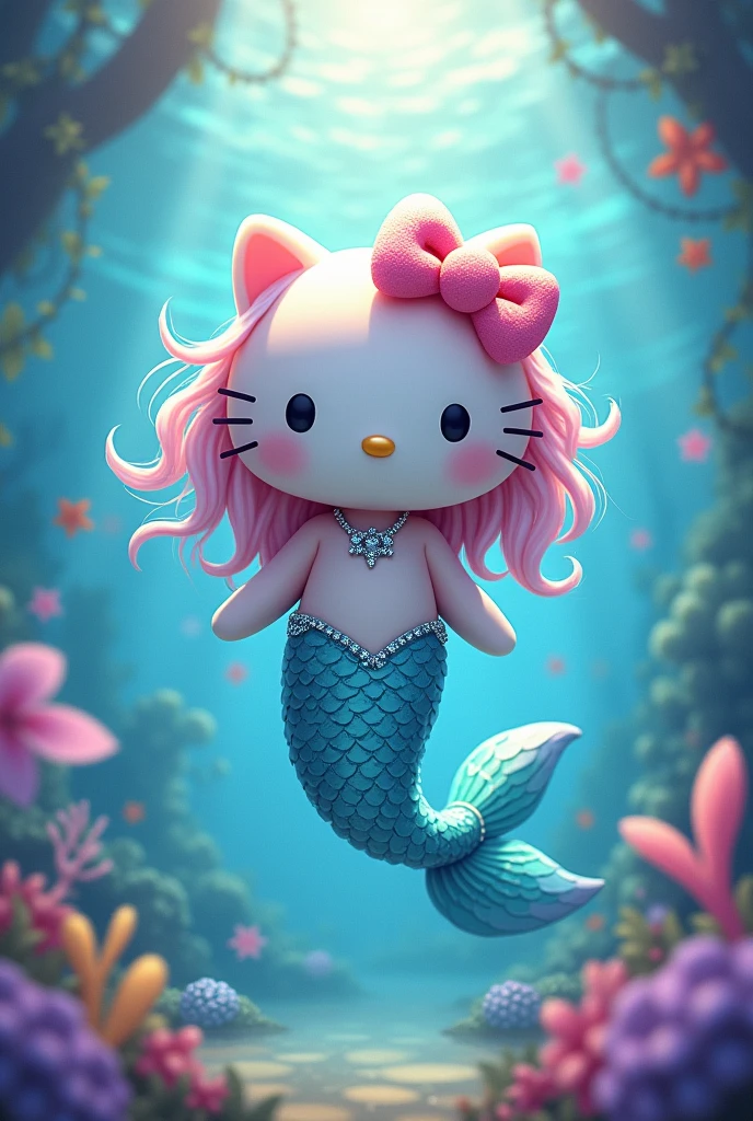 Hello Kitty mermaid with pink and blue hair and a tiara