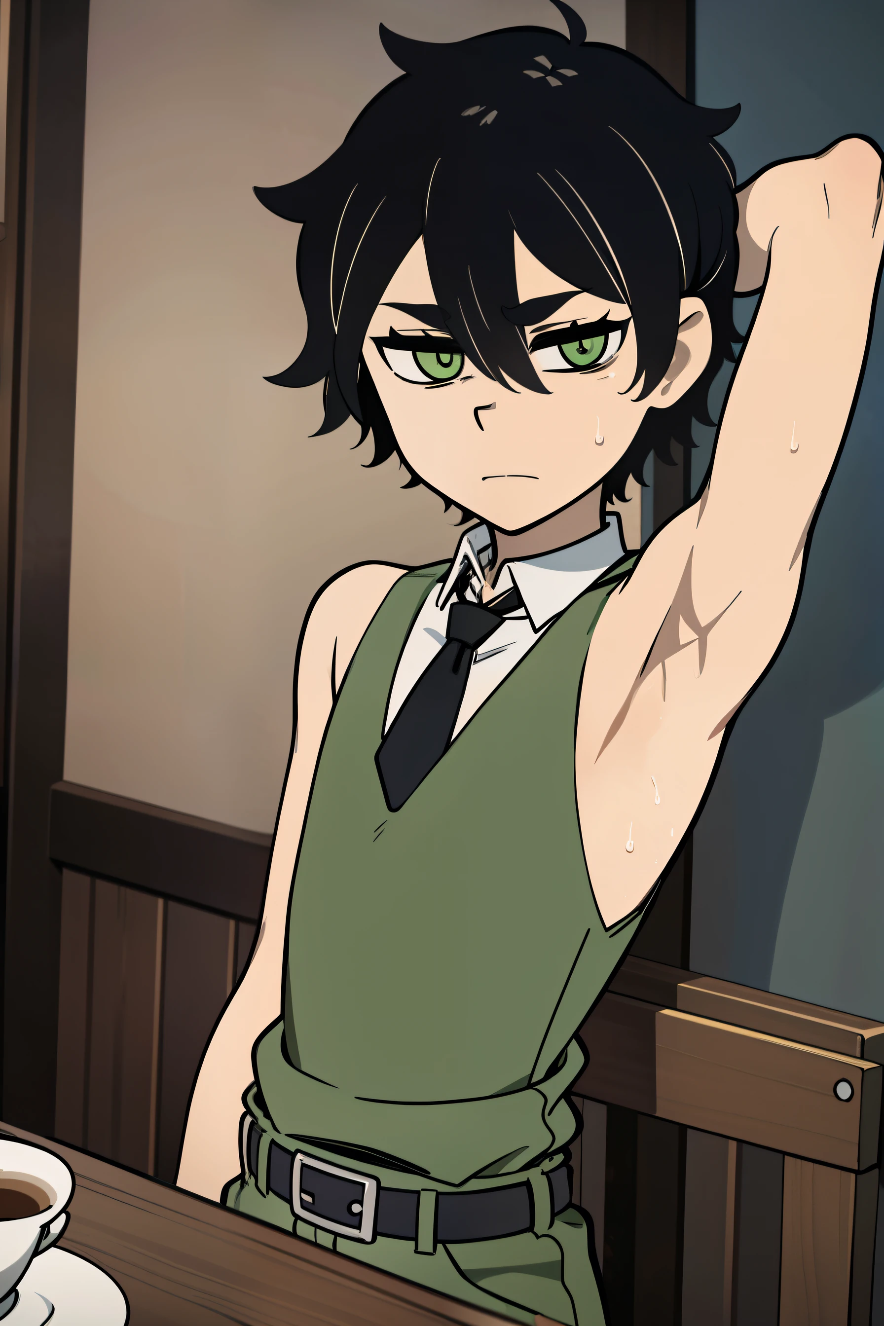 Highres, Masterpiece, Best quality at best,Best Quality,hight quality, hight detailed, Anime style, 1boy, Shota, young boy, Young andy graves, hair between eyes, closed mouth,black hair, green eyes, Slim body, messy hair, bright pupils, look at viewer,Bdsm, b0ndage, (Bondage strap outfit), Flat chest, upper body, simple beckground, (Showing armpit:1.3), (very young boy), (very small and short body), simple beckground, hansome boy, Uhd, bokeh, sweat