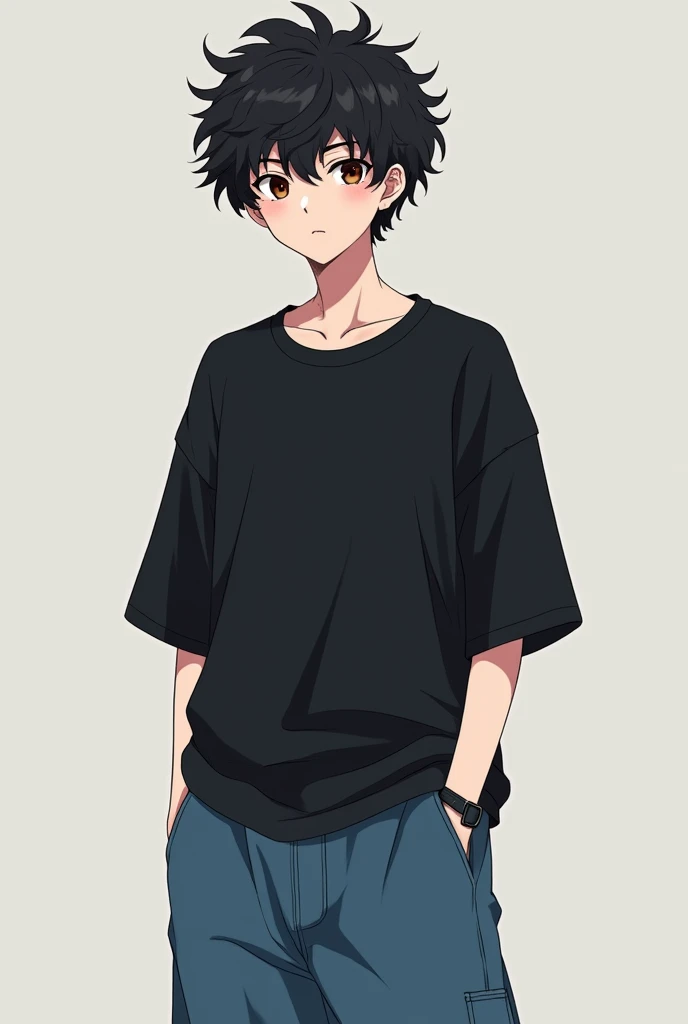 black curly hair brown eye color height 1.73 skin color white black oversize t-shirt under baggy jeans anime man