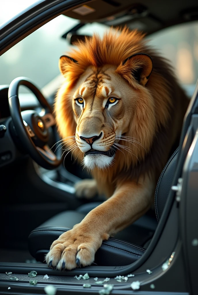 lion playing in the car