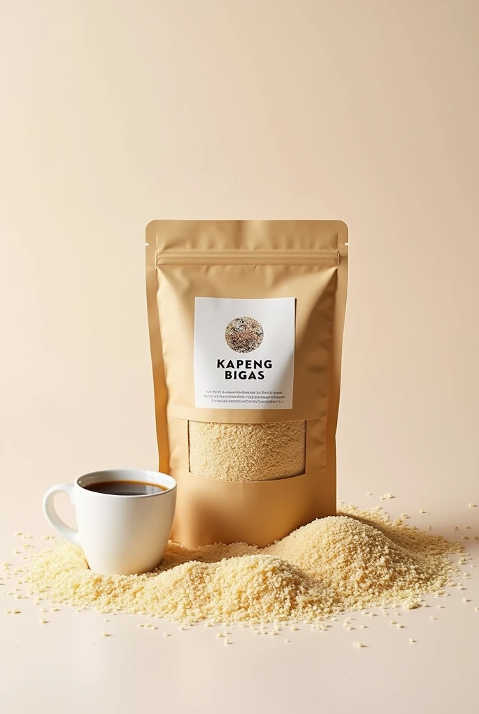 create a rice coffee in package with a lot of rice out side with name of product (kapeng bigas) simple package and can see the rice powder inside the package with a cup of rice coffee