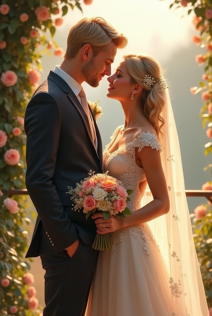 couple of lovers staring at each other, The bride in a short wedding dress with a bouquet in her hand and the groom tall and blond 