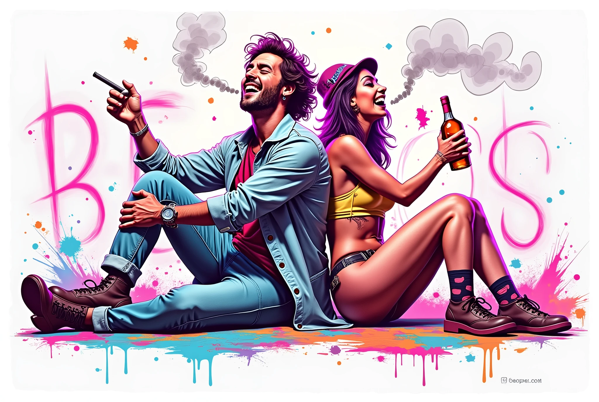 generate a neon style graffiti with a man sitting on the floor laughing smoking a cigarette next to a laughing woman sitting on the floor drinking a bottle of whiskey, back to back, texas "BEODOS"