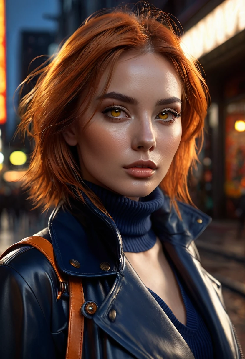 1 woman, inside a city at night, wearing a navy blue turtleneck jacket with yellow buttons, (female brown eyes,) detailed fair skin, large breasts, straight dark orange lob hair, dramatic lighting, cinematic composition, dark palette, dark colors, atmospheric haze, thin chin, soft face, serious face, beautiful woman, adult woman, ultra realistic, adult woman (best quality, 4K, 8K, high resolution, art : 1.2), ultra detailed (realistic, photorealistic, photorealistic : 1.37)(((a woman with straight dark orange lob hair 1.7)))(((very beautiful))), perfect face, dark and cool palette, 8K, lips shining, extremely detailed, (high quality, realistic, photorealistic : 1.37), ideal proportions and detailed skin and defined and meticulously crafted features, unapproachable beauty, perfection, art, vivid realism, hyper-detailed sculpting, realistic shapes, truly awe-inspiring, craftsmanship flawless, serious facial expression, pure glow, ethereal beauty, delicate contours, striking poses, sublime beauty, subtle nuances, dynamic compositions, vibrant colors, perfect lighting, moving expressions, celestial aura, majestic presence, dreamlike atmosphere, unmatched high level of detail, high octane rendering in artstation, 8k art photography, photorealistic concept art, volumetric cinematic soft natural light, chiaroscuro, f