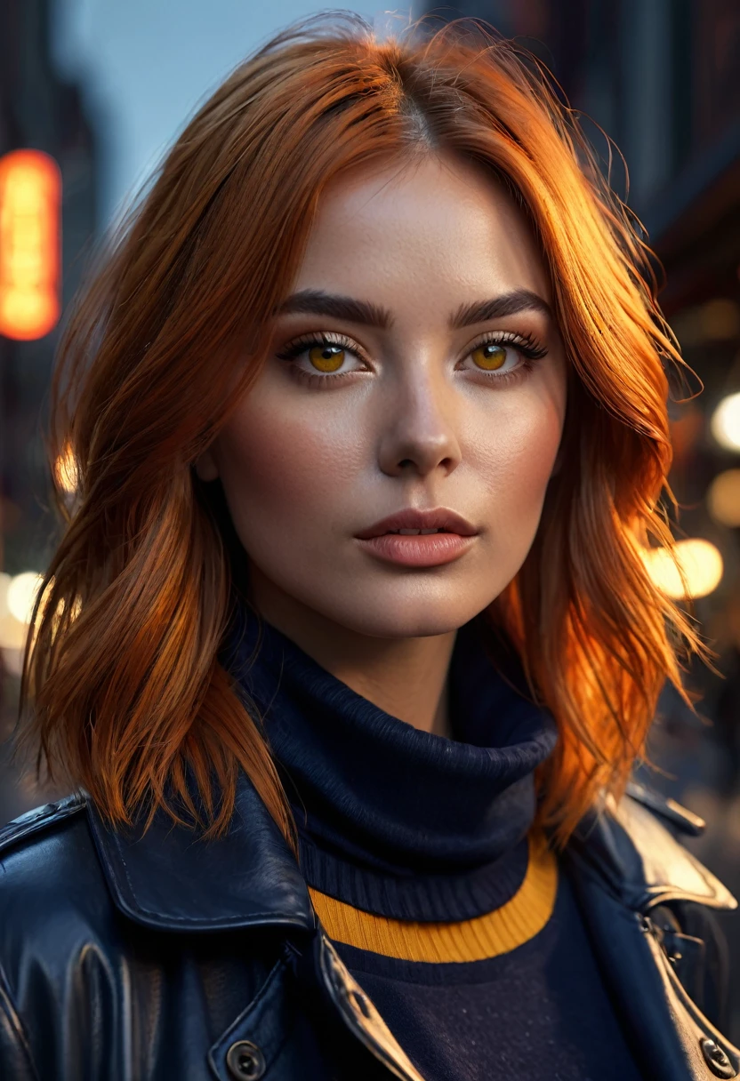 1 woman, inside a city at night, wearing a navy blue turtleneck jacket with yellow buttons, (female brown eyes,) detailed fair skin, large breasts, straight dark orange lob hair, dramatic lighting, cinematic composition, dark palette, dark colors, atmospheric haze, thin chin, soft face, serious face, beautiful woman, adult woman, ultra realistic, adult woman (best quality, 4K, 8K, high resolution, art : 1.2), ultra detailed (realistic, photorealistic, photorealistic : 1.37)(((a woman with straight dark orange lob hair 1.7)))(((very beautiful))), perfect face, dark and cool palette, 8K, lips shining, extremely detailed, (high quality, realistic, photorealistic : 1.37), ideal proportions and detailed skin and defined and meticulously crafted features, unapproachable beauty, perfection, art, vivid realism, hyper-detailed sculpting, realistic shapes, truly awe-inspiring, craftsmanship flawless, serious facial expression, pure glow, ethereal beauty, delicate contours, striking poses, sublime beauty, subtle nuances, dynamic compositions, vibrant colors, perfect lighting, moving expressions, celestial aura, majestic presence, dreamlike atmosphere, unmatched high level of detail, high octane rendering in artstation, 8k art photography, photorealistic concept art, volumetric cinematic soft natural light, chiaroscuro, f