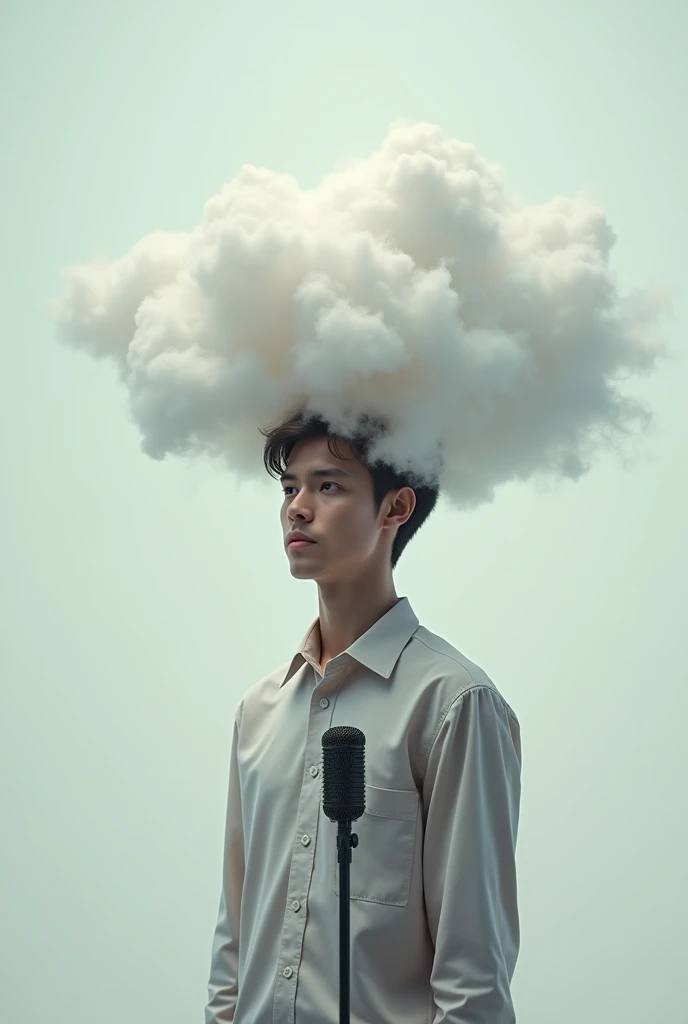 A young man in front of a microphone and with clouds coming out of his head