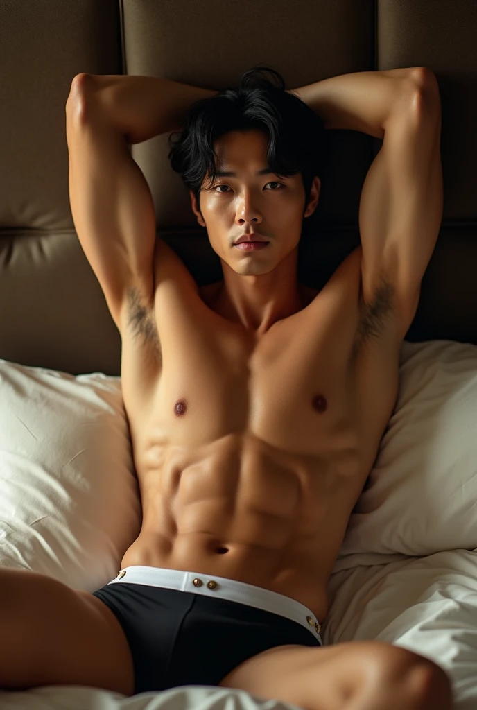 lee jang wook in underwear and shirtless, showing off her washboard abs, and his evil smile of , lying on a bed with your arms up
