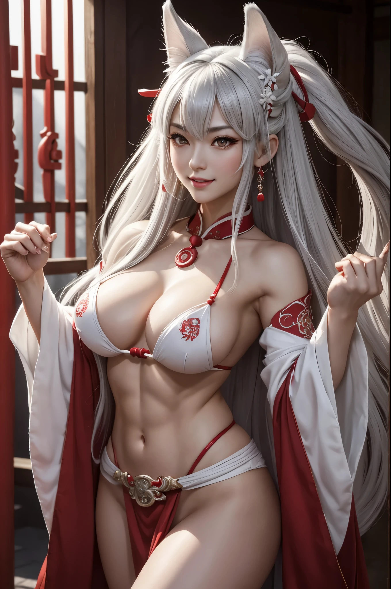 8k,超Muscular Beauty,A very aggressive adult Inugami goddess、A fearless female dog god、White dog ears,Beautiful and long gray hair、incarnation of dog god、Brave、Beautiful smile、日本のRed and white shrine maiden costume,輝くGolden Eyes、Detailed light、Dynamic action poses、Personified Queen Inugami、Beautiful and long gray hair、Super Beauty、Rich background、Golden Eyes、Big smile,Golden Eyes,Beautiful expression,Sharp and long claws、White tail、Sexy、Red sacred magatama collar、(golden precision decoration)Attractive body、Slim female muscular body、Captivate your audience、big fangs coming out of the mouth、Vermilion painted shrine,Red and white shrine maiden costume,Wide open chest,Beautiful white skin,Japanese Shrines,Japanese Shrine Maiden,White dog ears,Highest quality photorealistic RAW photos。Backlight、Cinema Lighting、Film Grain、50mm lens、Nikon D850、Ultra-Realistic Skin、Fantasy art、Character Art、Ultra-high resolution、muscular and slim body、Ultra-Realistic Skin,Perfect hands(Anatomical modeling),Makeup,Very large breasts,Muscular Beauty,Hard and strong abs,Karate stance,bulging muscles,