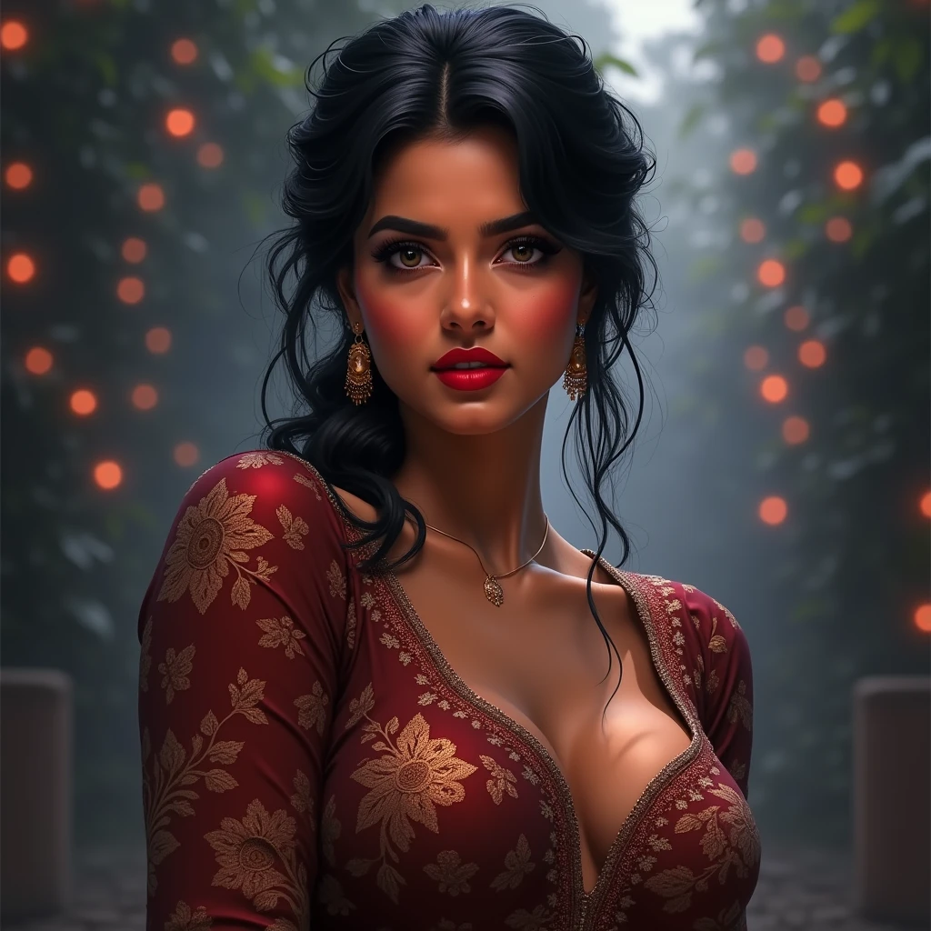 full body naked,big , night bokeh effect background, perfect pink eyes, fantastic face, Indian, beautiful look, ((red lips, bright eyes, curve heir 1.5)), ((beautiful details body)), A glorious gorgeous, glorious gorgeous face, pretty face, bright eyes, detailed elegant printed shirt, updo elegant hair, blurred gray tones background, ultra focus, face ilumined, face detailed, 8k resolution, painted, dry brush, brush strokes,