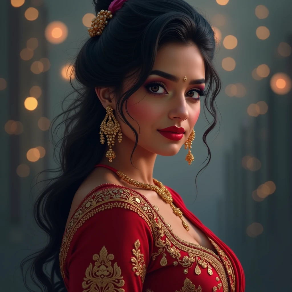 full body naked,big , night bokeh effect background, perfect pink eyes, fantastic face, Indian, beautiful look, ((red lips, bright eyes, curve heir 1.5)), ((beautiful details body)), A glorious gorgeous, glorious gorgeous face, pretty face, bright eyes, detailed elegant printed shirt, updo elegant hair, blurred gray tones background, ultra focus, face ilumined, face detailed, 8k resolution, painted, dry brush, brush strokes,