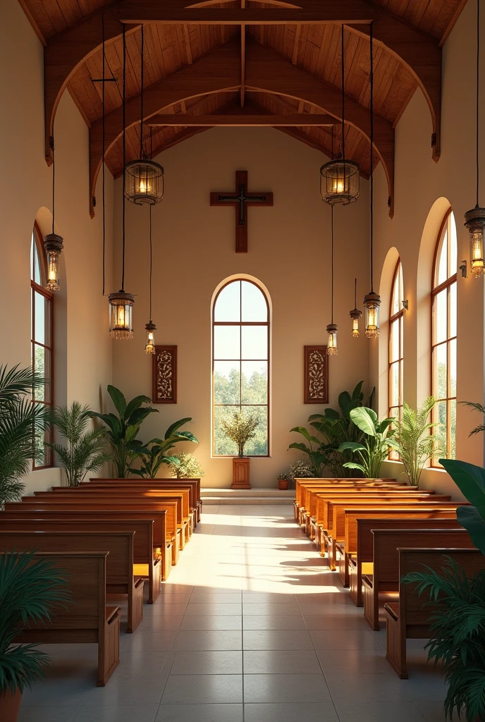 Small square for a chapel called Jesus Resurrected, containing benches, Lanterns, and plants