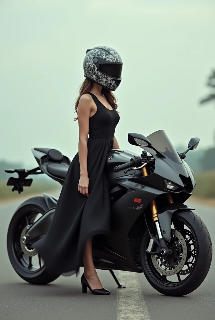 A beautiful girl with full covered printed helmet with not showing face standing near ah super bike on road with frock
