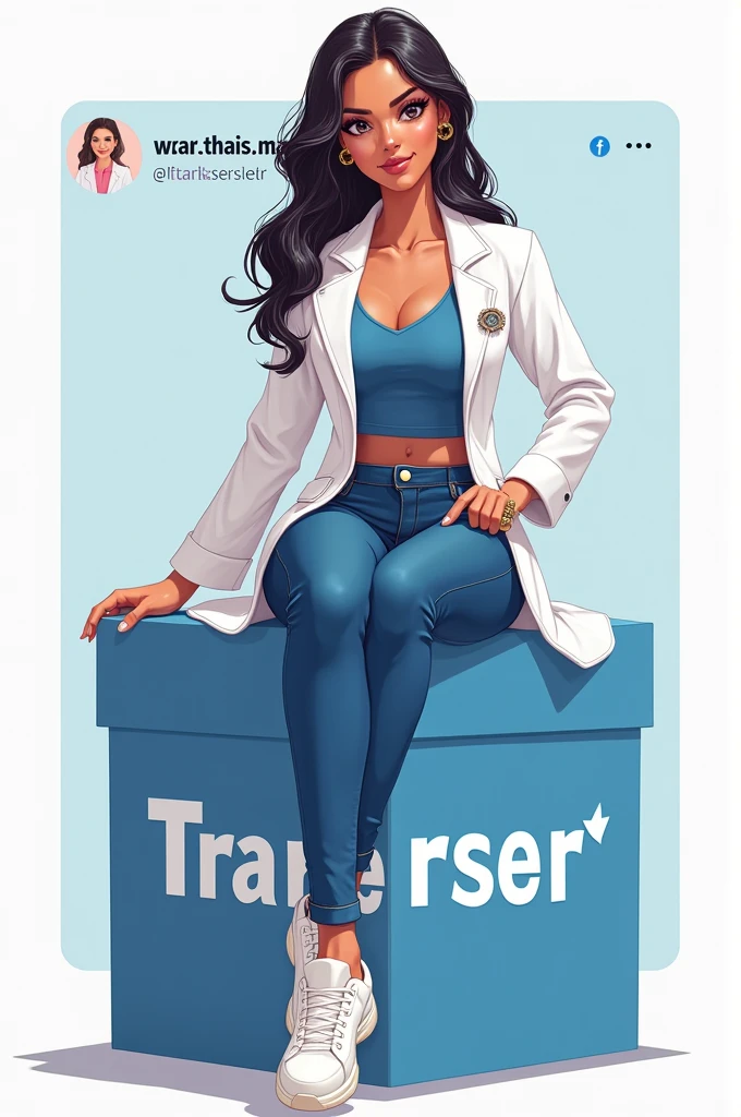 2. Take command: Create a madieng 30 illustration of a character (Female One ) (curtain) (ssmile), (smooth ass ), (blackw ), (extra details like accessories, etc), sitting casually on top of a pharmacy logo "traverser". The character must use (blue clothes underneath and white coat on top). The background of the image is a social network profile page with the username aTr "(wear. Thais Martins )" and a corresponding profile photo.