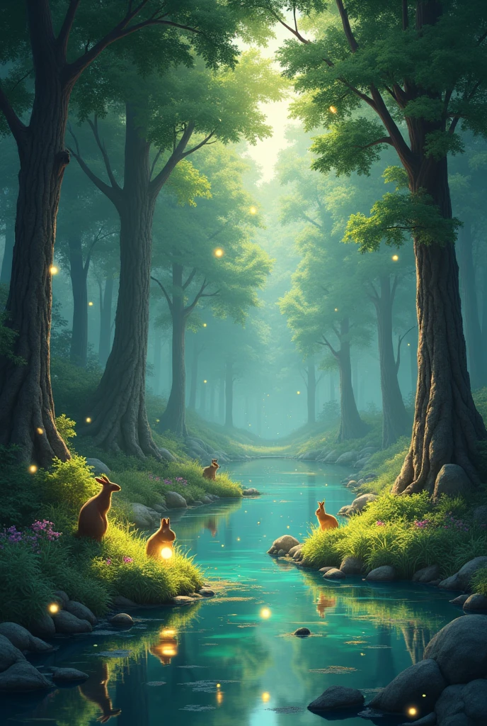 A forest with trees near a lagoon with animals,a small burrows and fireflies at night