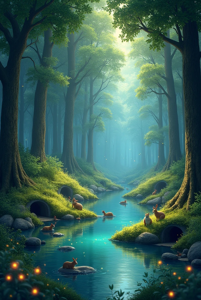 A forest with trees near a lagoon with animals,a small burrows and fireflies at night 