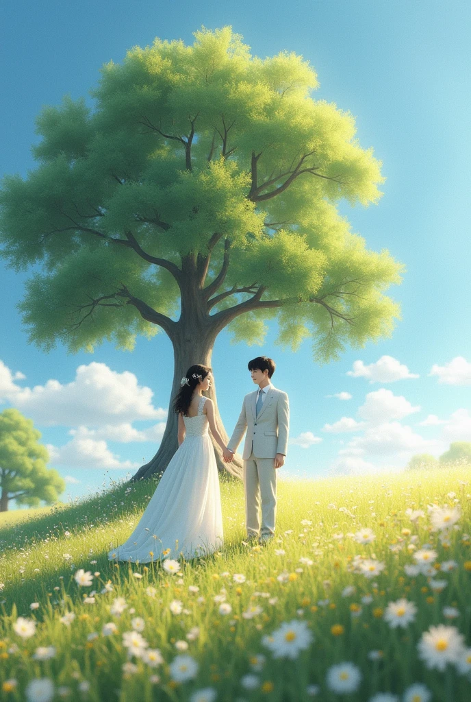 create a scene for me where Jungkook and Jimin are dressed in white , they are on flowery meadow, big tree at backgound, blue sky, holding hands looking at each other, Meanwhile Youn Jung was standing on the ground out of the water looking at them because she was the one doing the wedding. Backlight sunshine, ultra realistic, hyper realistic