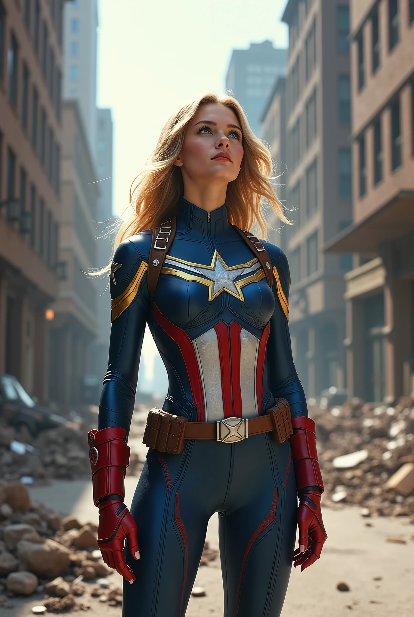 a teenage girl with blue eyes and blond hair looking up the sky in a leotard suit of captain america, standing on a destroyed street