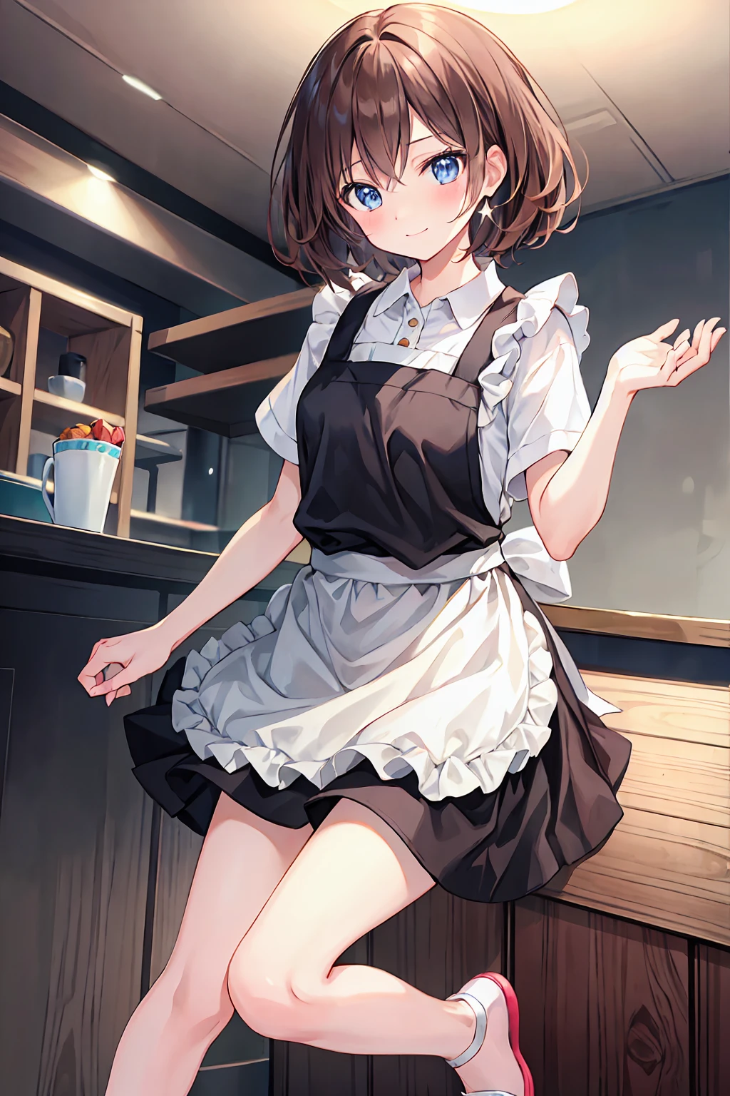 Brown Hair，Shortcuts，Messy Hair，Slender beauty，A dignified posture，Small chest，Beautiful feet，Her captivating grey-blue eyes shine like stars，Hu Tao 、Good looking girl (blush, Perfect Face), independent , looking at the camera, masterpiece, Anime art style, Cute Characters, Most detailed, high quality、Nico Nico Smile、birthday cake、happy birthday、Wear an apron at home
