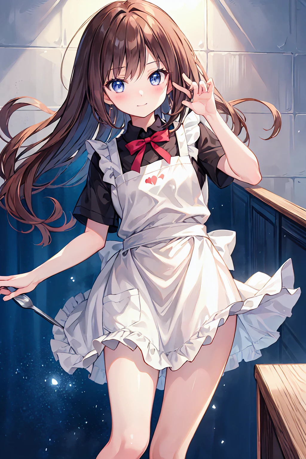 Brown Hair,Shortcuts,Messy Hair,Slender beauty,A dignified posture,Small chest,Beautiful feet,Her captivating grey-blue eyes shine like stars,Hu Tao 、Good looking girl (blush, Perfect Face), independent , looking at the camera, masterpiece, Anime art style, Cute Characters, Most detailed, high quality、Nico Nico Smile、birthday cake、happy birthday、Wear an apron at home