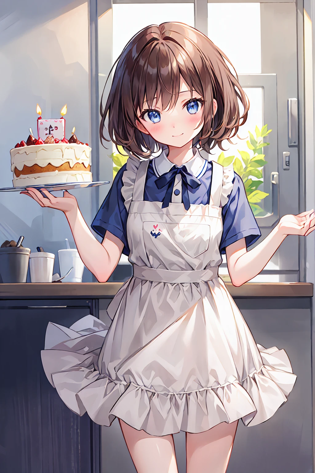 Brown Hair,Shortcuts,Messy Hair,Slender beauty,A dignified posture,Small chest,Beautiful feet,Her captivating grey-blue eyes shine like stars,Hu Tao 、Good looking girl (blush, Perfect Face), independent , looking at the camera, masterpiece, Anime art style, Cute Characters, Most detailed, high quality、Nico Nico Smile、birthday cake、happy birthday、Wear an apron at home