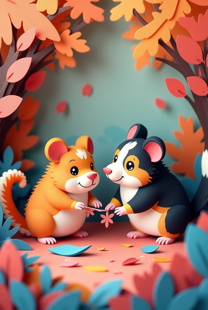 A hamster and a tricolour collie cutting coloured paper, masterpiece, all in three dimensional paper art、(Almond Shapes);1.9、(Three-dimensional paper-cut art.、fullcolor):1.9