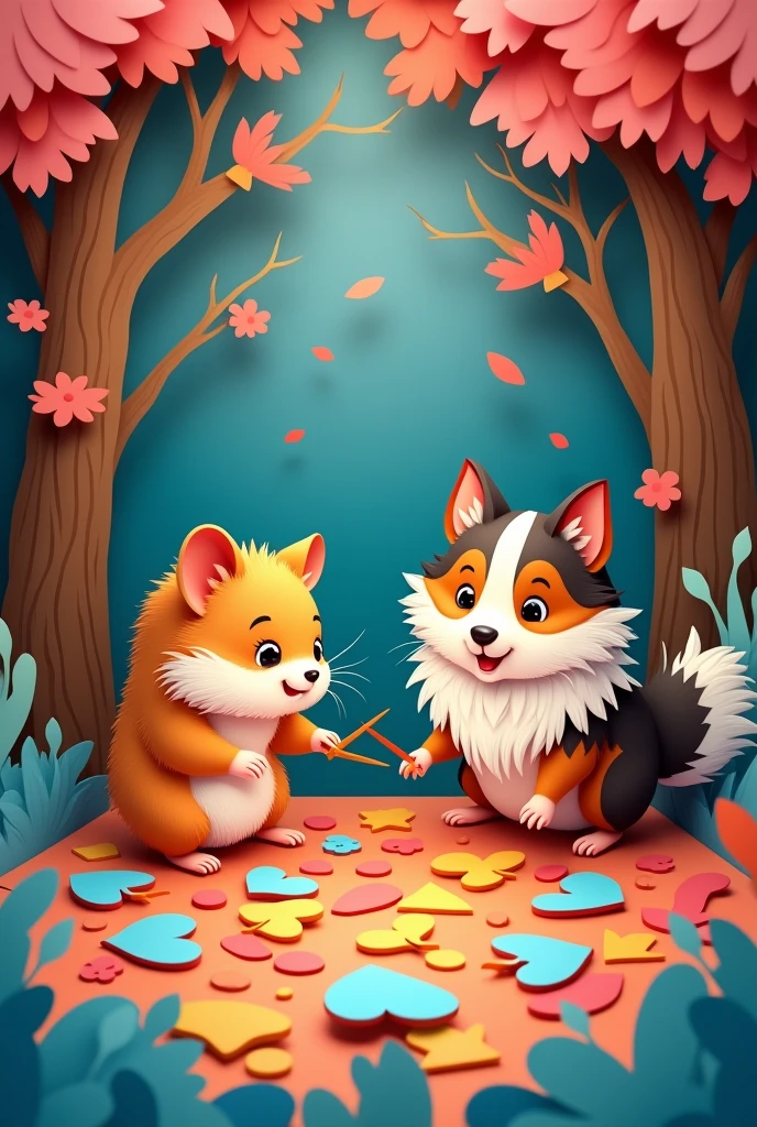 A hamster and a tricolour collie cutting coloured paper, masterpiece, all in three dimensional paper art、(Almond Shapes);1.9、(Three-dimensional paper-cut art.、fullcolor):1.9