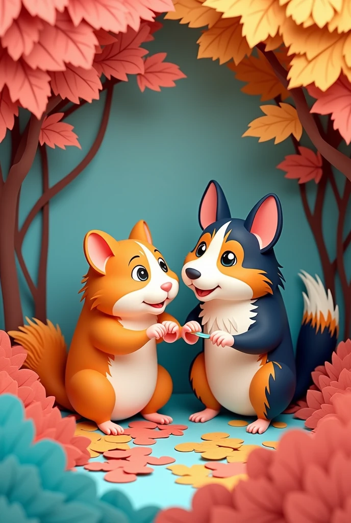 A hamster and a tricolour collie cutting coloured paper, masterpiece, all in three dimensional paper art、(Almond Shapes);1.9、(Three-dimensional paper-cut art.、fullcolor):1.9