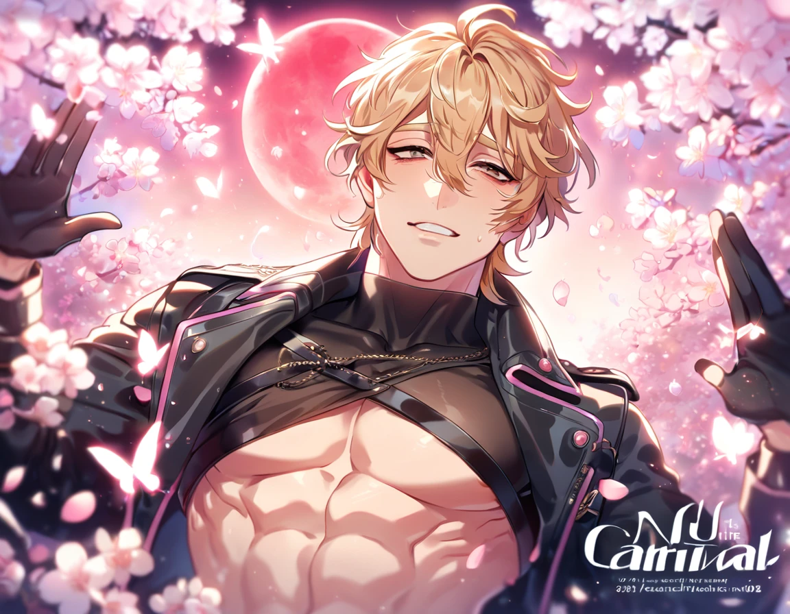 absurdres, highres, ultra detailed, HDR, master piece, best quality, perfect face, Quincy, blonde messy hair, expressive amber eyes, Nu Carnival, solo, sexy man, handsome, toned chest, horny, sensual, erotic, black coat, black boxers, sitting on a couch, flowers, petals, room