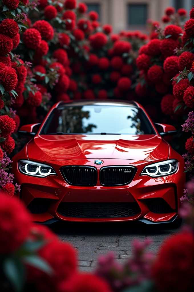chica sexy vestida de rojo con un vestido ajustado con un auto bmw rojo de fondo.