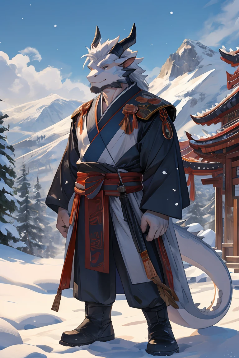 best quality，Ultra HD，Second Dimension，Alone，视角Close to the characters［Close to the characters：1.3］，Upper Body，The most exquisite eyes［The most exquisite eyes：2.1］，Snow mountain in the background，Lying on the snow，There are no buildings，Snow is falling from the sky。male，White Dragon，Tall body，old，White Hair，The tail is white.，There are some black scales on the body，There are two brown horns on the head，Black eyes，Black military gloves，White heavy ancient style Hanfu，Black military pants，wearing black combat boots