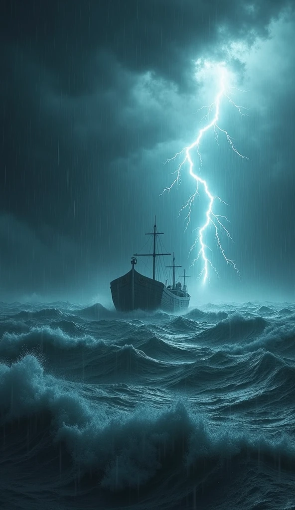 (Ultrarealistic 8k Image, improves quality)"Draw an epic and chaotic flood scene with a dramatic storm background and turbulent waters. Show big waves and heavy rain, with an imposing ark floating in the distance. Add details of lightning and darkness around to heighten the sense of disaster and despair.."