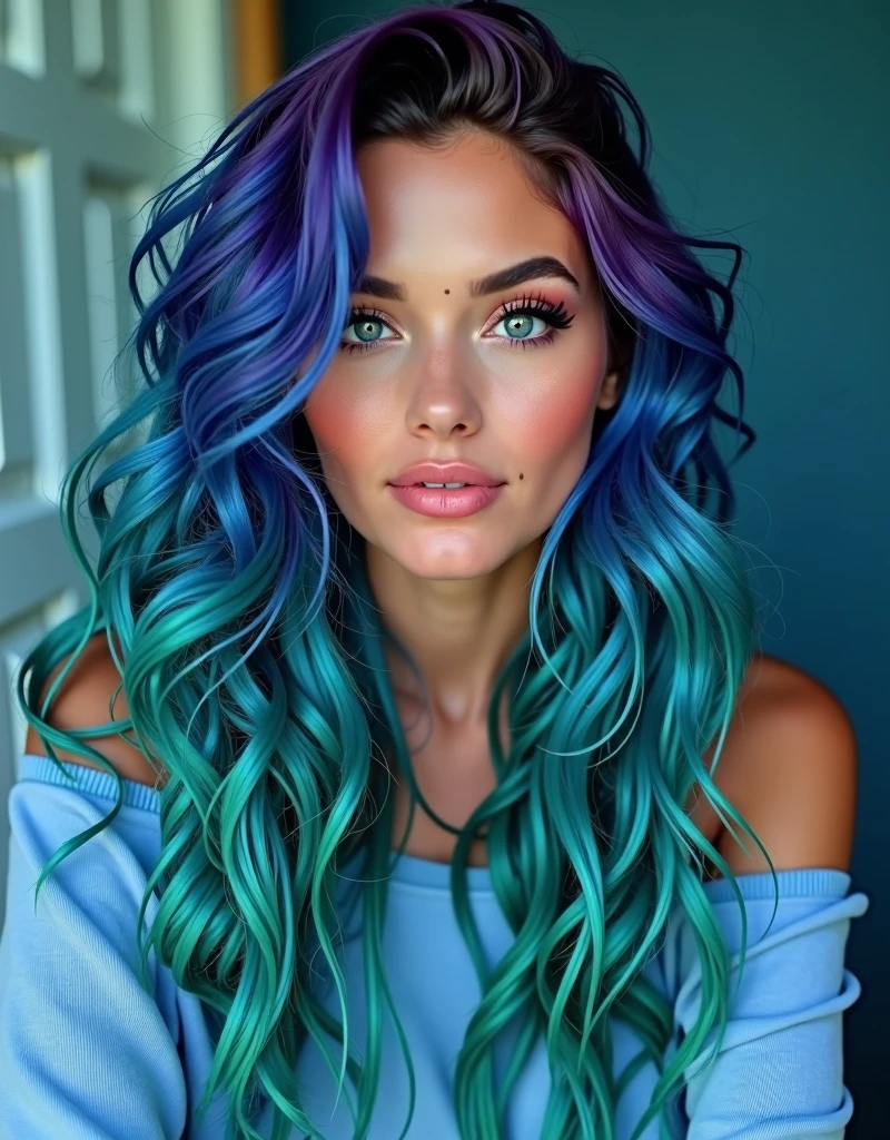 masterpiece, adult, Blue and purple hair, blue themed room, woman with green to blue ombre hair, lipstick, hits, Curly hair, shadow, Smoky Eyes, smoky eyes, Sweatshirt, off the shoulder, very long hair