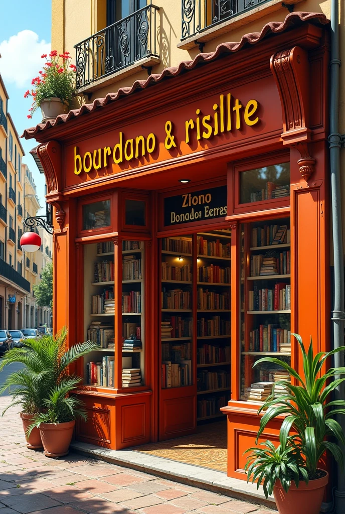 Paris bookstore in the center of a city , Orange letters in Spanish and cursive