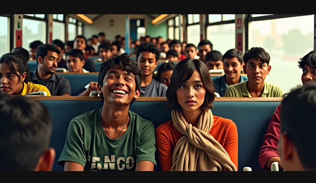 two mexican people sitting inside a train, the train is full of people who are also Mexican, some happy, some sad