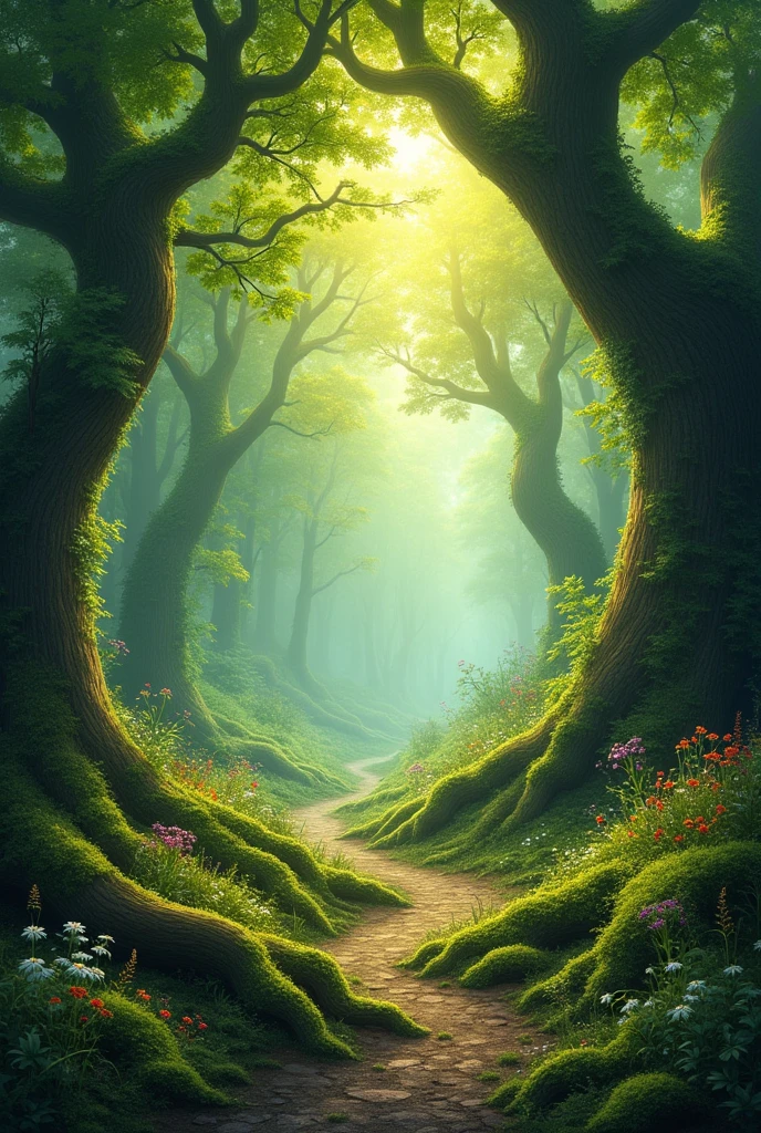 Magical and enchanted forest: It shows a forest full of tall trees, with sun rays filtering through the leaves. The atmosphere is magical and serene, with a mix of greens and golds that create a charming atmosphere.
