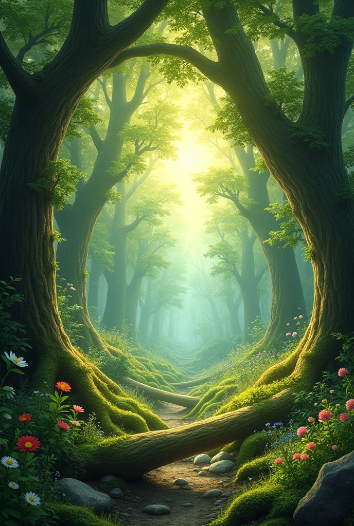 Magical and enchanted forest: It shows a forest full of tall trees, with sun rays filtering through the leaves. The atmosphere is magical and serene, with a mix of greens and golds that create a charming atmosphere.