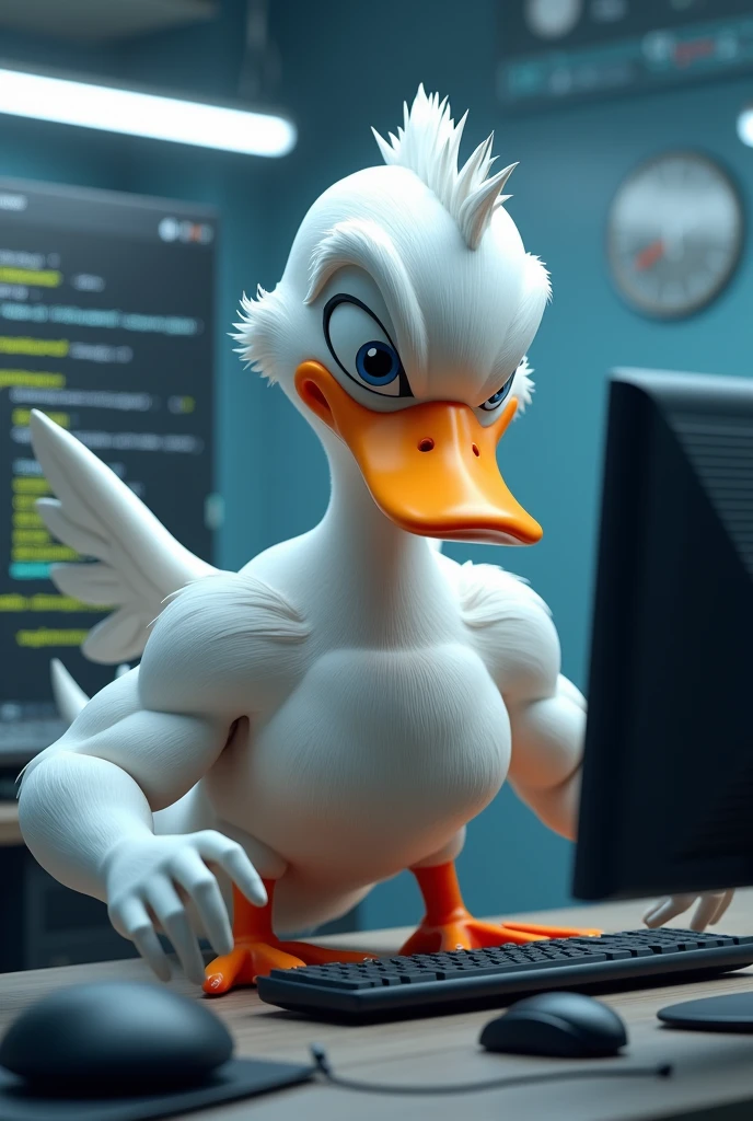 Muscular animated duck who is programming